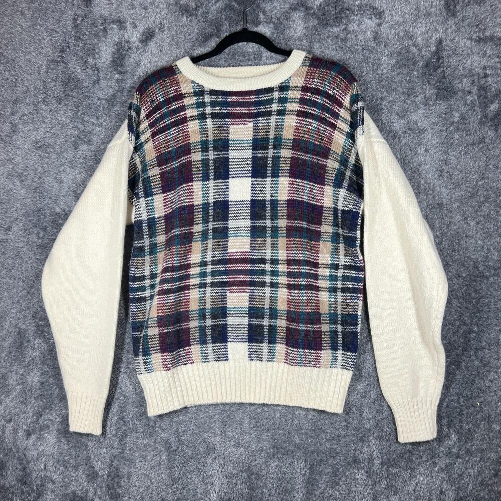 GANT Sweater Mens Large White Crew Neck Wool Chunky-Knit Plaid Pullover